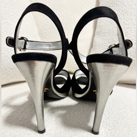 Prada Black Calzature Donna Velvet Silver Metallic Ankle Strap heels sz 38.5 - Picture 6 of 11